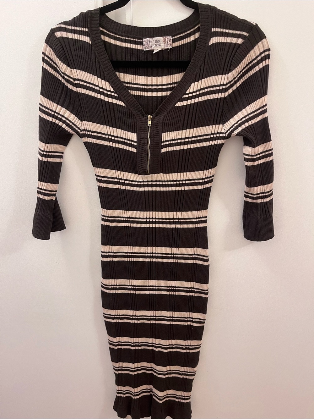 Pink Rose Black & Cream Striped Ribbed Zip-Front Midi Dress - Size M